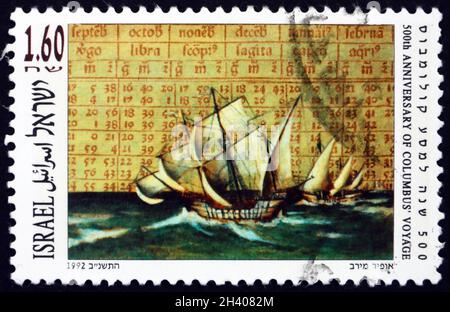 ISRAELE - CIRCA 1992: Un francobollo stampato in Israele dedicato a Discovery of America, 500° anniversario, circa 1992 Foto Stock