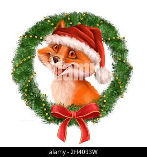 Volpe animale in rosso santa cappello. Illustrazione di Natale con corona. Foto Stock