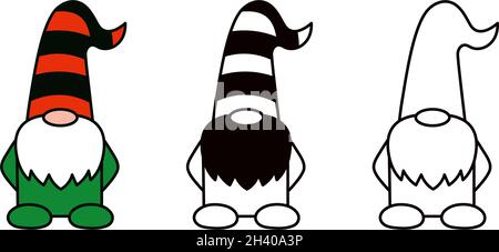 Gnome giardino o nana in cappello a righe. Illustrazioni isolate del cartone animato. Personaggio magico vettoriale per il design natalizio, primaverile o estivo. Linea e colore Illustrazione Vettoriale
