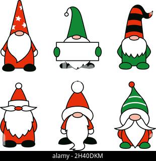 Set di illustrazioni cartoon gnomes o nane. Vettore isolato magia caratteri di Natale. Babbo Natale aiutanti. GNOME che tiene in mano il banner. Rosso Illustrazione Vettoriale