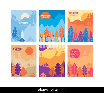 Four Seasons Banners with Abstract Forest and Mountains - Illustrazione vettoriale. Lo stesso paesaggio. Illustrazione Vettoriale