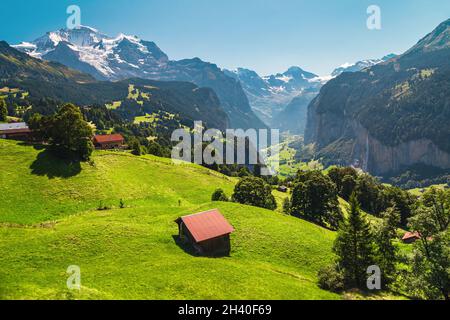 Incredibili luoghi alpini estivi con prati verdi e montagne innevate. Wengen località turistica e Lauterbrunnen villaggio vista nella valle profonda, Bernes Foto Stock