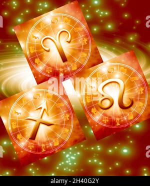 Tre segni zodiacali di fuoco Ariete, Leone o Leone, Sagittario Foto Stock