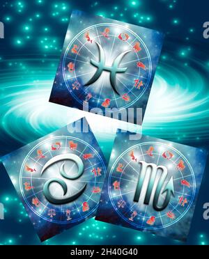 Tre segni zodiacali acqua Scorpio, cancro, Pesci su sfondo astrologico con stelle Foto Stock