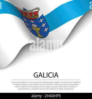 La bandiera della Galizia è una regione della Spagna su sfondo bianco. Modello vettoriale banner o nastro Illustrazione Vettoriale