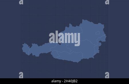 Mappa Austria, regioni separate, disegno flat blu infografica, vuoto Foto Stock