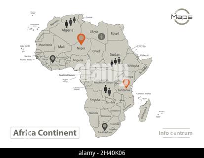 Africa mappa, singoli stati con nomi, infografica e icone vettore Illustrazione Vettoriale