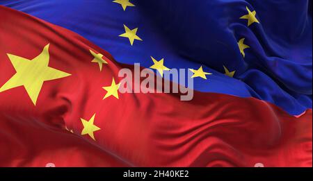 Le bandiere della Cina e dell'Unione europea sventolano. Relazioni internazionali e diplomazia. Foto Stock