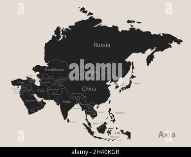 Mappa nera dell'Asia con nomi di stati, disegno vettore lavagna Illustrazione Vettoriale