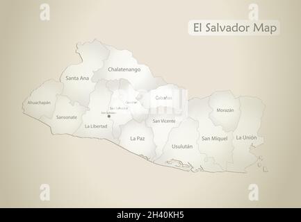 Mappa di El Salvador, divisione amministrativa con nomi, vettore di sfondo cartaceo Illustrazione Vettoriale