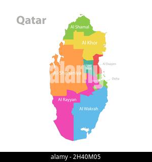 Mappa del Qatar, divisione amministrativa, separare le singole regioni con i nomi, mappa dei colori isolata su vettore di sfondo bianco Illustrazione Vettoriale