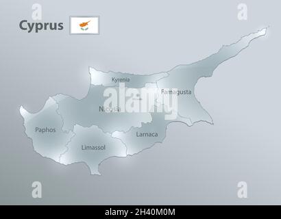 Cipro mappa e bandiera, divisione amministrativa, separa regioni e nomi, design vetro scheda 3D vettore Illustrazione Vettoriale