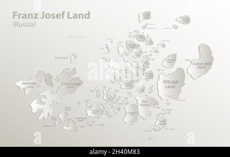 Franz Josef Land mappa, divisione amministrativa, separa regioni e nomi individuali, carta da cartolina 3D natural vettoriale Illustrazione Vettoriale