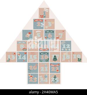 Allegra carta calendario di Natale, decorazione natalizia in stile geometrico moderno con numeri di conto alla rovescia di dicembre. Illustrazione Vettoriale