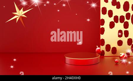 Podio minimo festivo per la pubblicità, presentazione del prodotto. Palco di Natale e Capodanno. Palline di Natale, stella su sfondo rosso brillante. 3d i Foto Stock