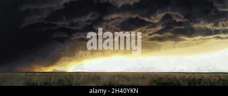 Tornado sull'orizzonte della superficie terrestre. Ampia vista panoramica. Lavoro artistico Foto Stock
