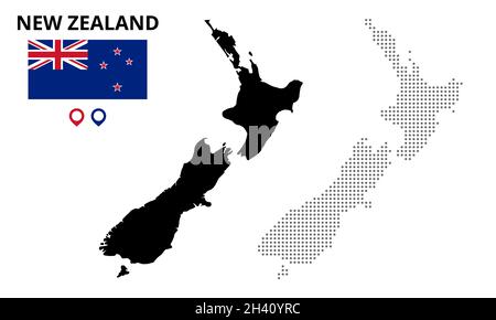 Mappa della silhouette neozelandese. Mappa della Nuova zelanda punteggiata. Bandiera della Nuova zelanda Illustrazione Vettoriale