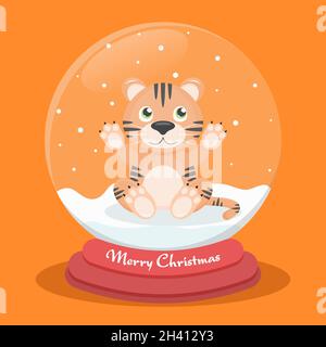 Il cucciolo della tigre cattura la neve all'interno di una palla di vetro Illustrazione Vettoriale