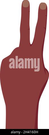 Il gesto con le dita sollevate mostra il numero due. Illustrazione vettoriale con la mano della pelle scura di conteggio isolata su sfondo bianco. Segno di pace. Illustrazione Vettoriale