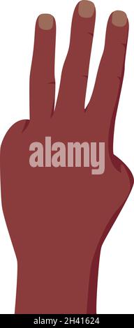 Gesto con le dita sollevate che mostra il numero tre. Illustrazione vettoriale del conteggio della mano della pelle nera isolata su sfondo bianco. Illustrazione Vettoriale