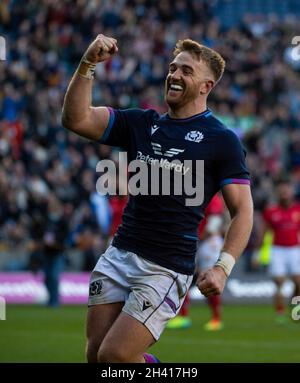 Autunno Nations Series - Scozia v, Tonga. 30 Ott 2021. La Scozia ospita Tonga nella loro prima partita della serie delle Nazioni d'autunno 2021 al Murrayfield Stadium di Edimburgo, Scozia. REGNO UNITO. PIC mostra: Scotland Right-Wing, Kyle Steyn, segna il suo quarto tentativo di gioco. Credit: Ian Jacobs/Alamy Live News Foto Stock