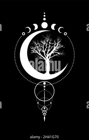 Fasi mistiche della Luna, albero della vita, geometria Sacra. Luna tripla, mezza luna pagana Wiccan simbolo della dea, silhouette wicca segno banner, energia cerchio, Illustrazione Vettoriale