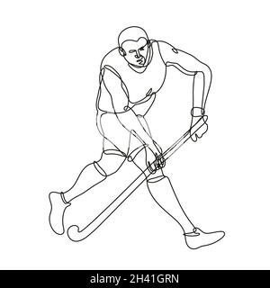 Hockey su campo in esecuzione con Hockey Stick Continuous Line Drawing Foto Stock