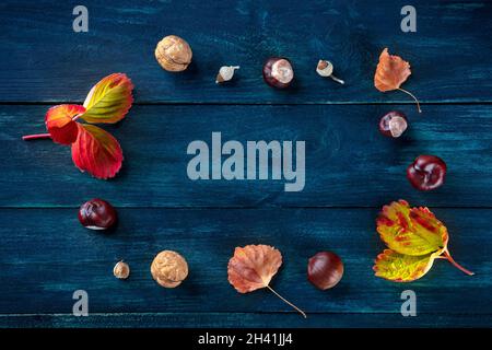 Sfondo autunnale con foglie e castagne vibranti, getto a cielo steso Foto Stock