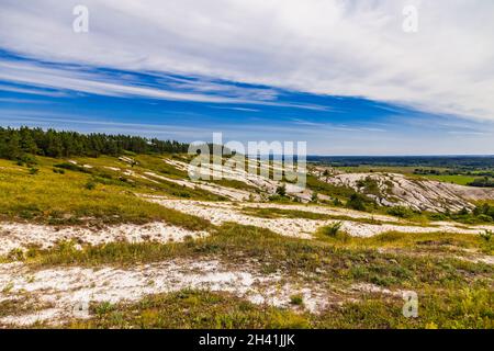 Rocce di gesso bianco o montagne o colline in steppa di gesso, la riserva naturale del Parco Nazionale di Dvorichanskyi in Ucraina, regione di Kharkiv Foto Stock