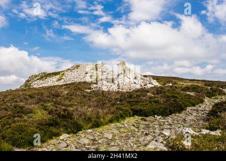 Il percorso Shropshire Way passando affioramenti rocciosi quarzite sulla cima della collina di Stiperstones. Shropshire, Inghilterra, Regno Unito, Gran Bretagna. Foto Stock