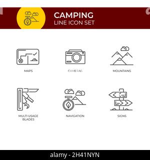 Camping Icon Set Vector Template, Expedition e Travelling Concept Line Icon Set. Illustrazione Vettoriale