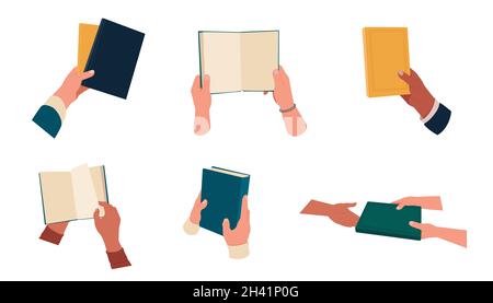 Mani umane che tengono libri aperti e chiusi Illustrazione Vettoriale