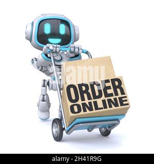 Robot blu carino con camion a mano ordinare online concept 3D Foto Stock