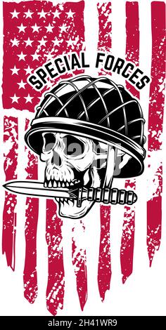 Illustrazione del cranio in casco militare con coltello nei denti sullo sfondo della bandiera americana. Elemento di design per logo, etichetta, cartello, poster. Vettore illustraz Illustrazione Vettoriale