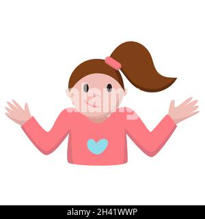 Divertente signora cartoon con spettacoli di ponytail non conosco emoji. Ragazza con spalle e mani che alzano. Stampa per adesivi, emoji, emoticon, web Illustrazione Vettoriale