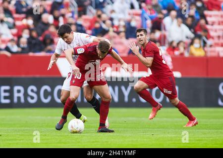 Marcos Acuna di Siviglia e Roberto Torres di Osasuna durante il campionato spagnolo la Liga partita di calcio tra Sevilla FC e CA Osasuna il 30 ottobre 2021 allo stadio Ramon Sanchez-Pizjuan di Siviglia, Spagna - Foto: Joaquin Corchero/DPPI/LiveMedia Foto Stock