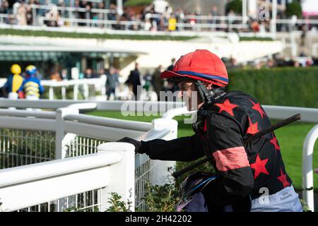 Ascot, Berkshire, Regno Unito. 30 Ottobre 2021. Il jockey Tom o'Brien si ferma per salutare alcuni ospiti. Credit: Maureen McLean/Alamy Foto Stock