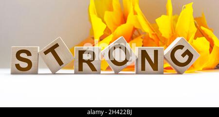 Forte, parole su cubi di legno e uno sfondo bianco incorniciato da fogliame arancione. Posiziona per testo. Foto Stock
