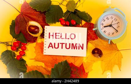 Blocco note con le parole Ciao, autunno e foglie d'autunno, orologio sullo sfondo Foto Stock
