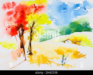 Bella pittura acquerello di primavera, albero Krishnachura fiori rossi e Radhachura con fiori gialli luminosi su piena fioritura accanto ad un campo giallo in Foto Stock