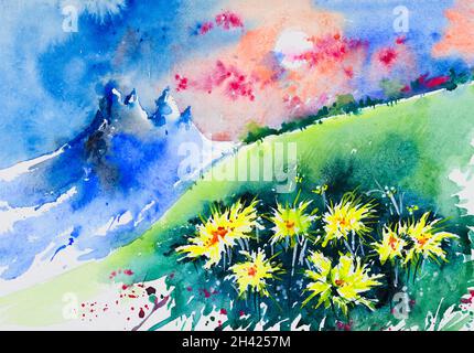 Bella pittura acquerello di montagne al mattino, un campo pieno di fiori selvatici luminosi. Illustrazione dell'acquerello dipinta a mano. Paesaggista di montagna Foto Stock