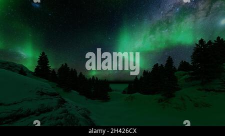 Verde luci settentrionali aurora neve in fantasy stile 3d universo spazio sfondo blu stellato cielo 3d rendering Foto Stock