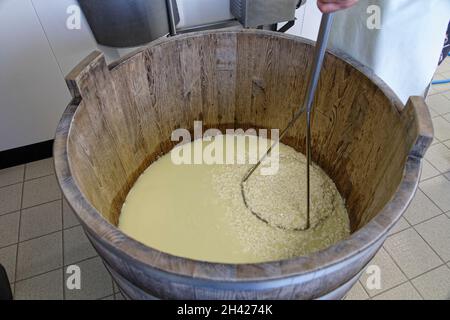 Saint Etienne-du-Monteil, Francia. 27 luglio, 2021.produzione di formaggio Salers tradizione con latte da Salers razza mucche presso la fattoria Galvaing. Foto Stock