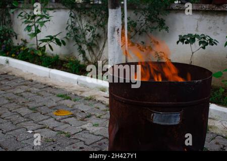 Pezzi di legno bruciati enormi in un barile. Fuoco scintillante Foto Stock