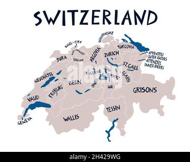 Mappa stilizzata a mano della Svizzera. Illustrazione delle regioni della Confederazione svizzera. Illustrazione scritta disegnata a mano. Cartina dell'Europa e Illustrazione Vettoriale