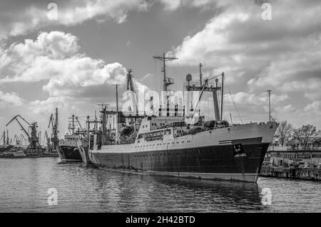 Navi nel porto commerciale sul fiume Pregolya nella città di Kaliningrad, Russia. Vista frontale. Bianco e nero. Foto Stock