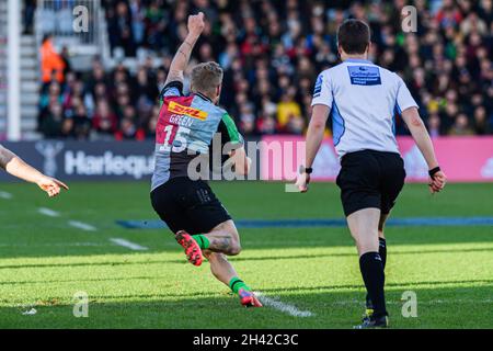 LONDRA, REGNO UNITO. 31 ottobre 2021. Tyrone Green of Harlequins in azione durante la Gallagher Premiership Rugby Round 7 Match tra Harlequins vs Saracens al Twickenham Stoop Stadium di domenica 31 ottobre 2021. LONDRA INGHILTERRA. Credit: Taka G Wu/Alamy Live News Foto Stock