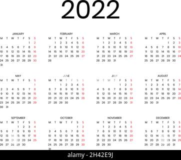 Calendario vettoriale semplice per 2022 anni. Illustrazione Vettoriale