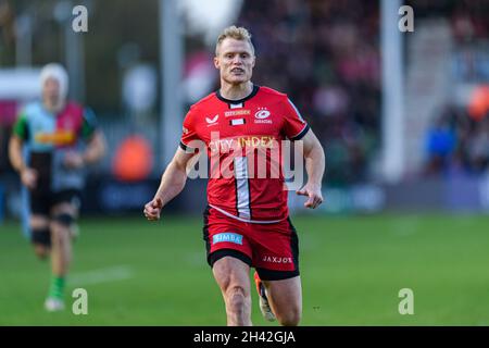 LONDRA, REGNO UNITO. 31 ottobre 2021. In azione durante la Gallagher Premiership Rugby Round 7 Match tra Harlequins vs Saracens al Twickenham Stoop Stadium di domenica 31 ottobre 2021. LONDRA INGHILTERRA. Credit: Taka G Wu/Alamy Live News Foto Stock