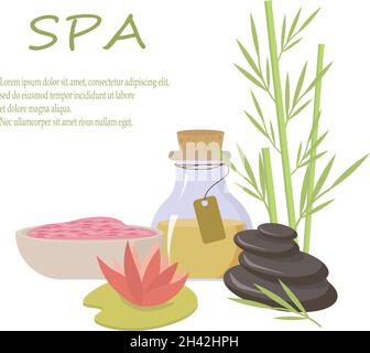 Bottiglie d'olio, pietre, bambù e fragrante illustrazione di sale rosa per trattamenti termali. Illustrazione Vettoriale